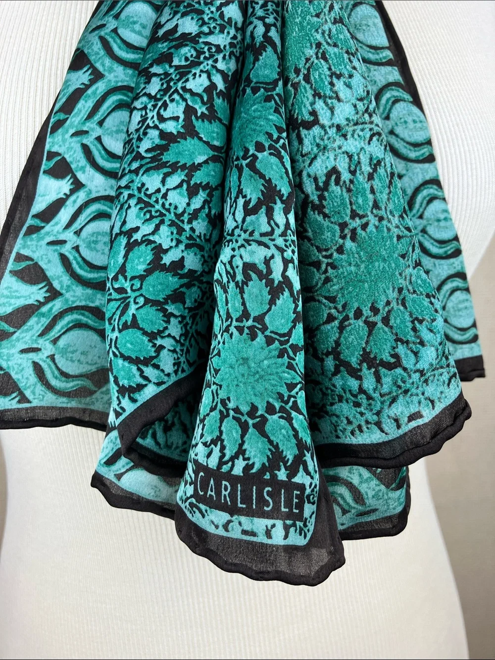 CARLISLE 100% Silk Long Scarf Shawl Green Floral Print - Picture 3 of 16